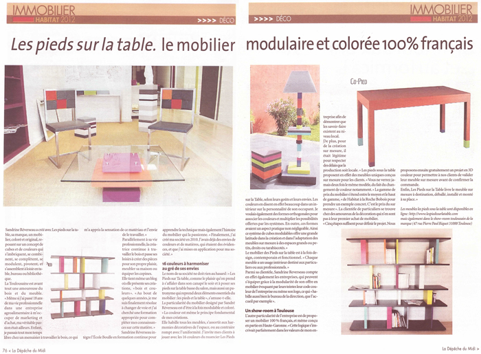 Mobilier modulaire design et coloré dans La Dépêche du Midi mars 2012. Meubles design sur mesure et en couleurs Les Pieds Sur La Table